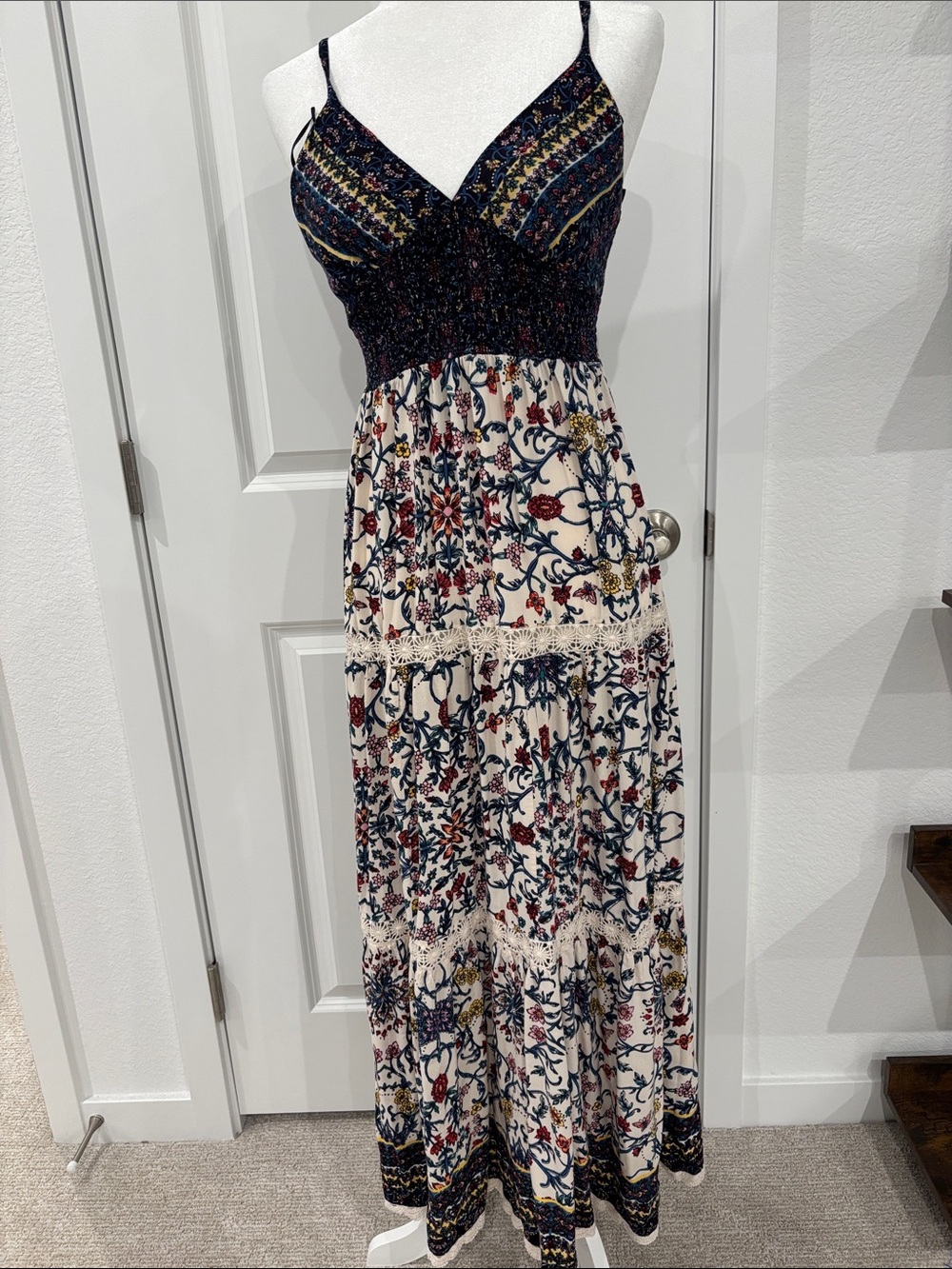 Angie Navy and Cream Floral Smocked Maxi Dress